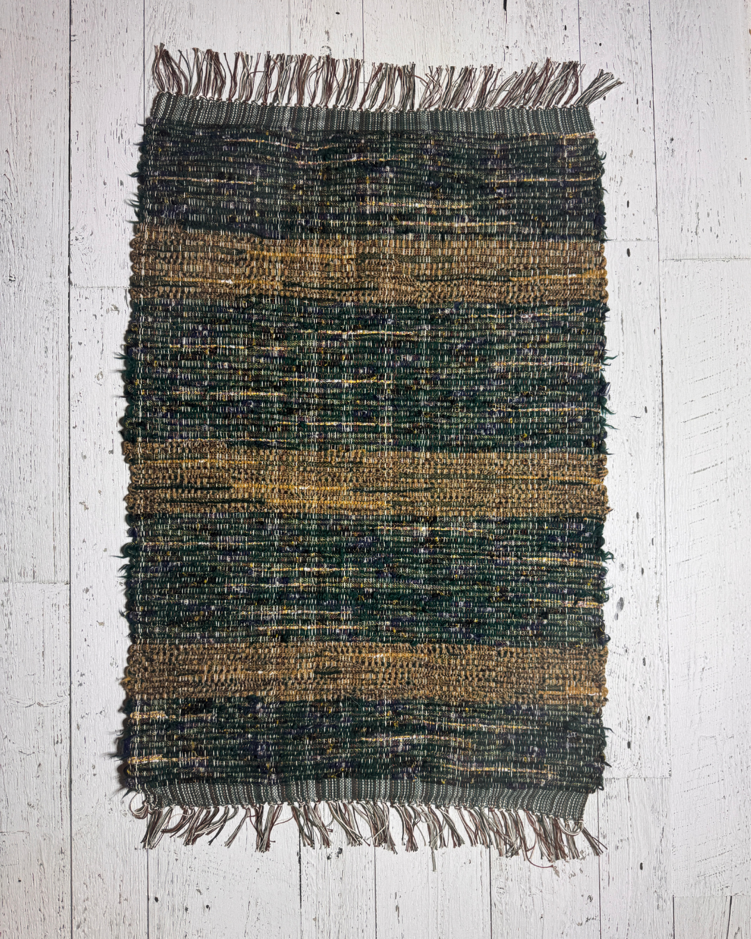 Wool Selvedge Handmade Rug 35" x 25" Green, Yellow, Multicolor