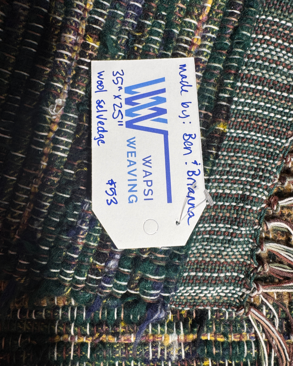 Wool Selvedge Handmade Rug 35" x 25" Green, Yellow, Multicolor