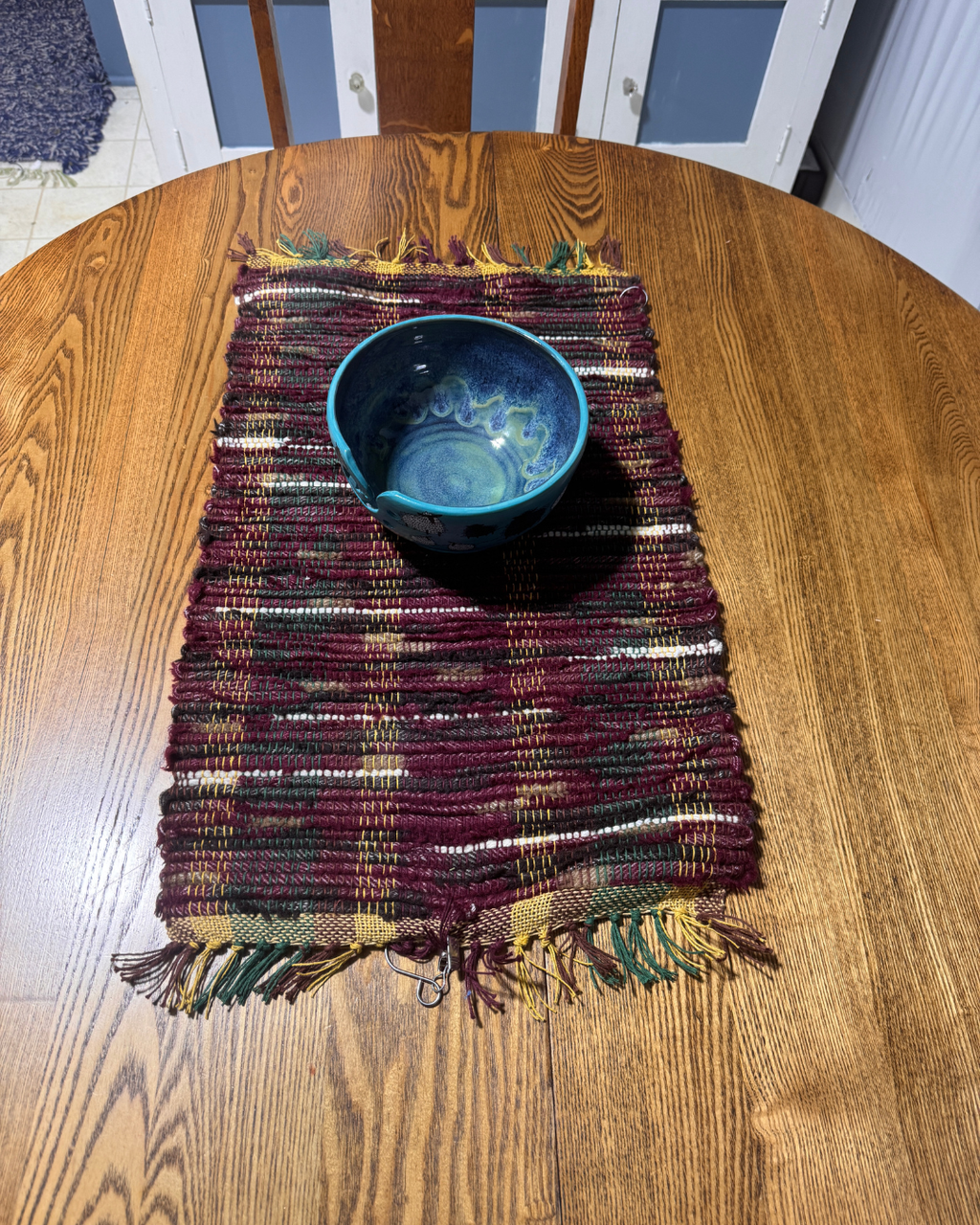 Wool Selvedge Handmade Table Runner 23" x 14" Burgundy, Green & Yellow