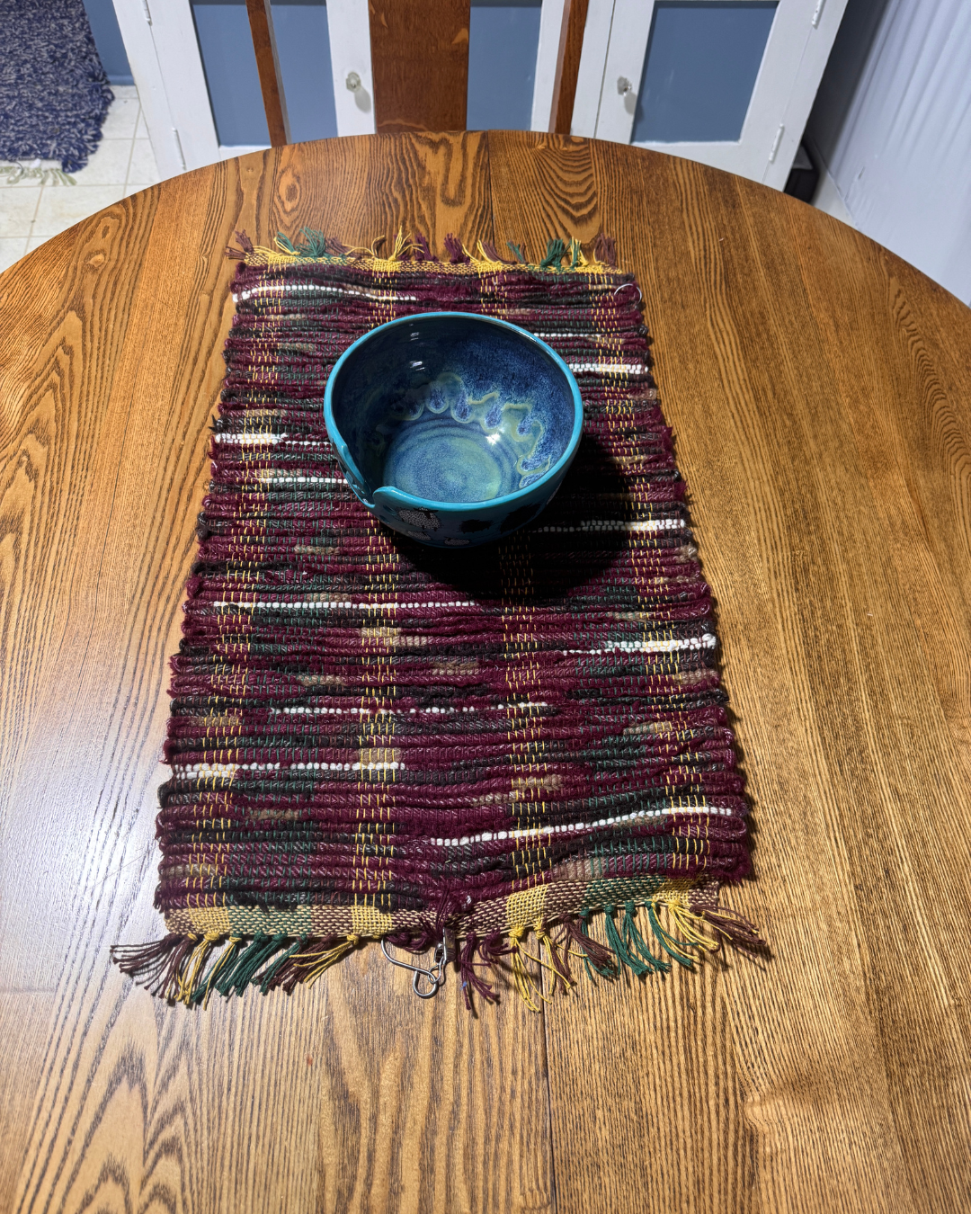 Wool Selvedge Handmade Table Runner 23" x 14" Burgundy, Green & Yellow