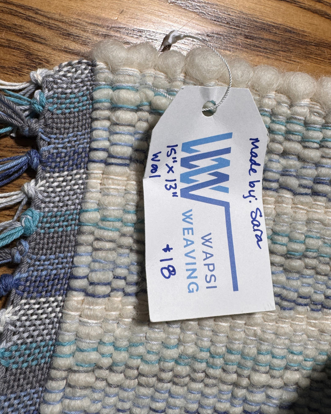 Wool Handmade Table Runner 15" x 13" White, Blue & Teal Accents