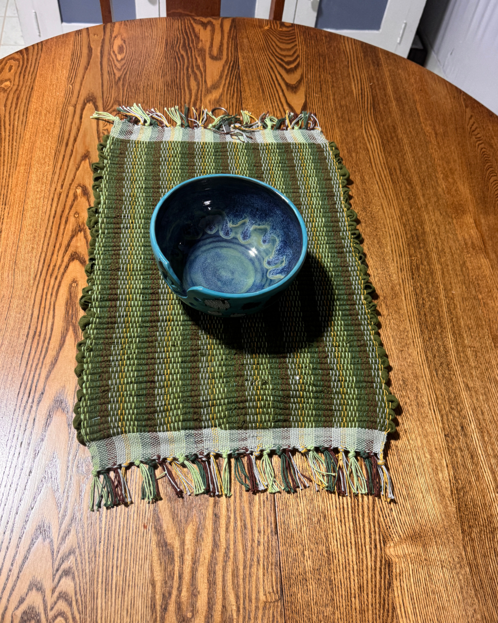 Wool Handmade Table Runner 14" x 18" Olive, Green & Brown