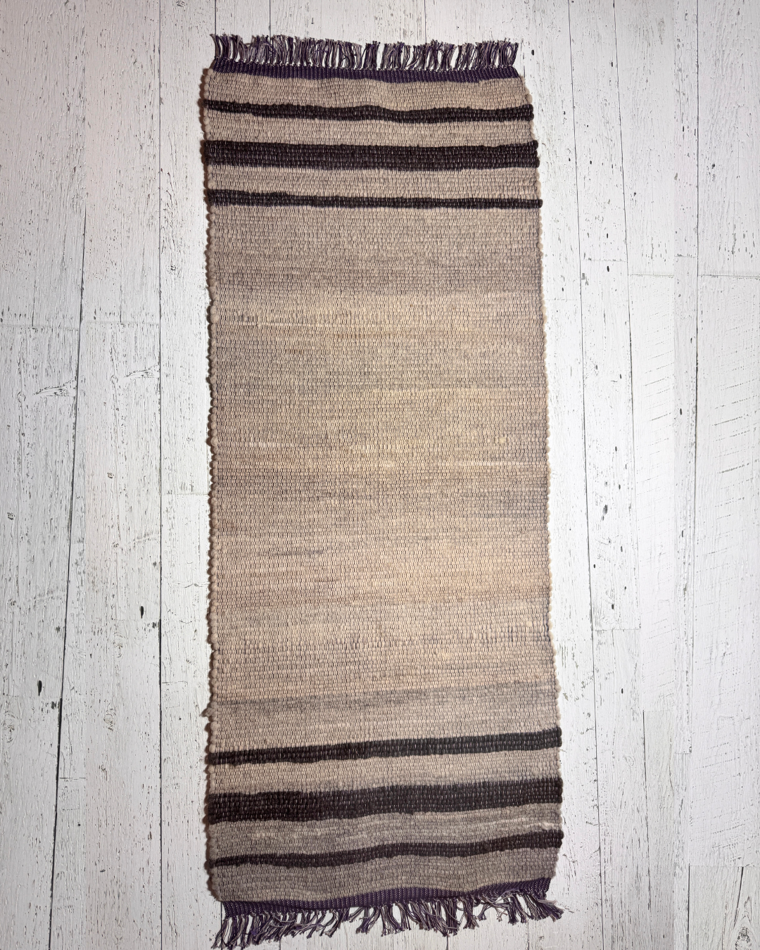 Wool Handmade Rug 25" x 61" Tan, Charcoal, Purple